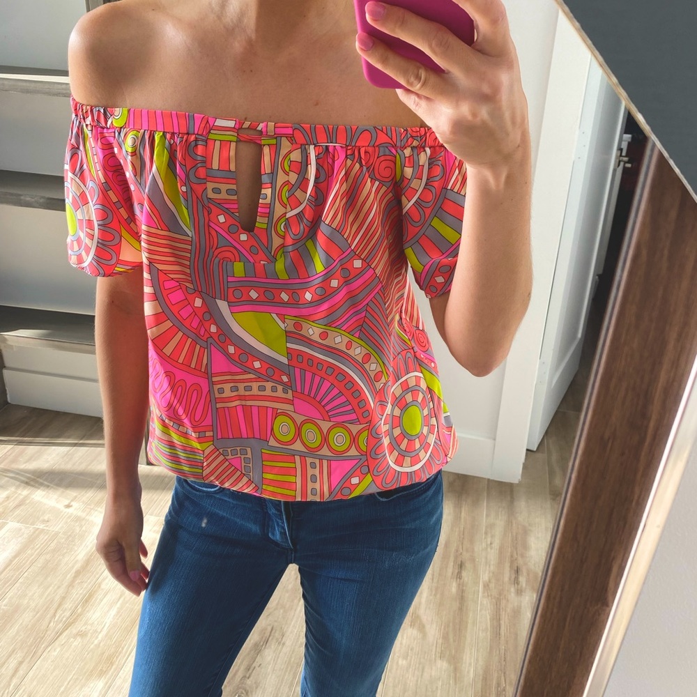 Multi colored off the shoulder silk top